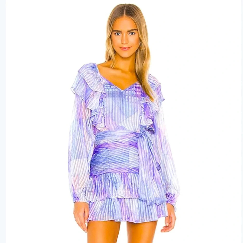 LOVESHACKFANCY Moxie Mini Dress in Raindrop Long Sleeve 100% Silk Long Sleeves
